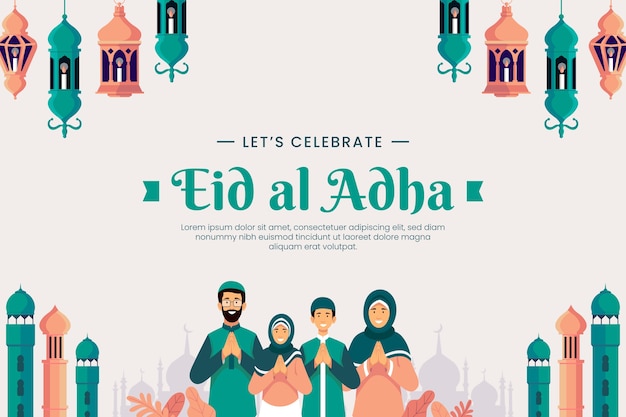 Platte eid al-adha achtergrond met biddende mensen en lantaarns
