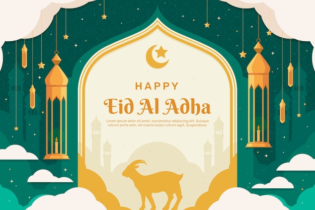 Gratis vector platte eid al-adha achtergrond met geit en lantaarns