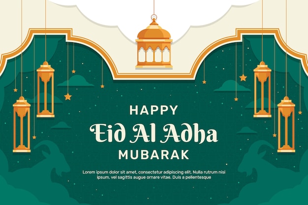 Gratis vector platte eid al-adha achtergrond met lantaarns