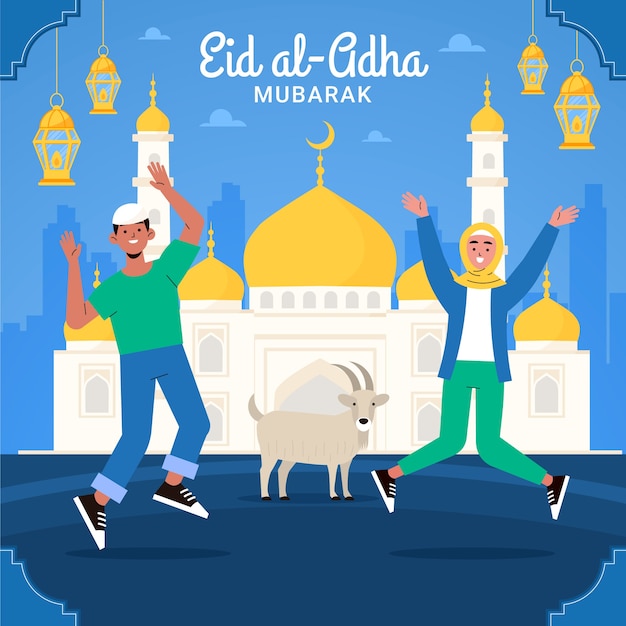 Gratis vector platte eid al-adha illustratie met mensen en dieren