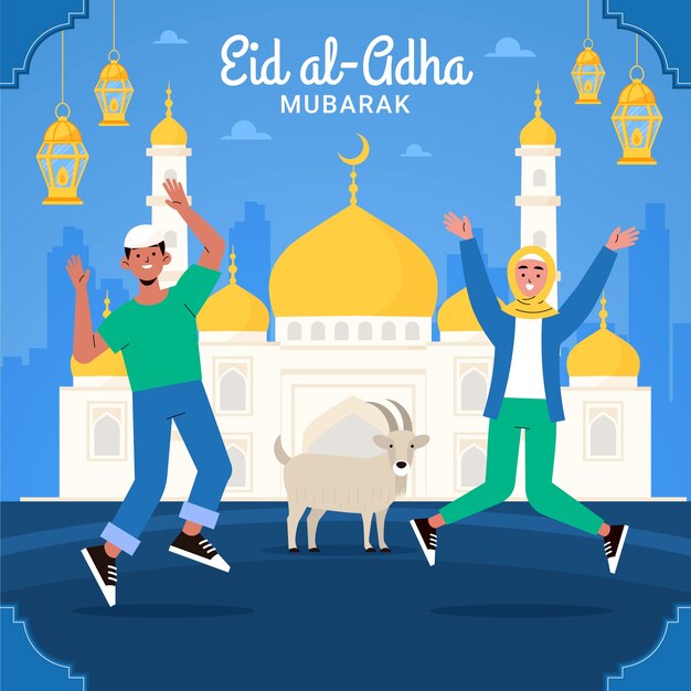 Platte eid al-adha illustratie met mensen en dieren