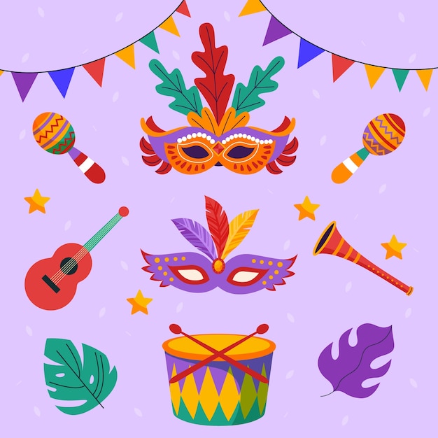 Gratis vector platte elementen collectie voor braziliaanse carnavalsviering