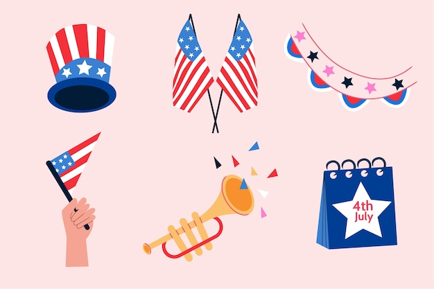 Gratis vector platte elementencollectie voor de amerikaanse viering van 4 juli