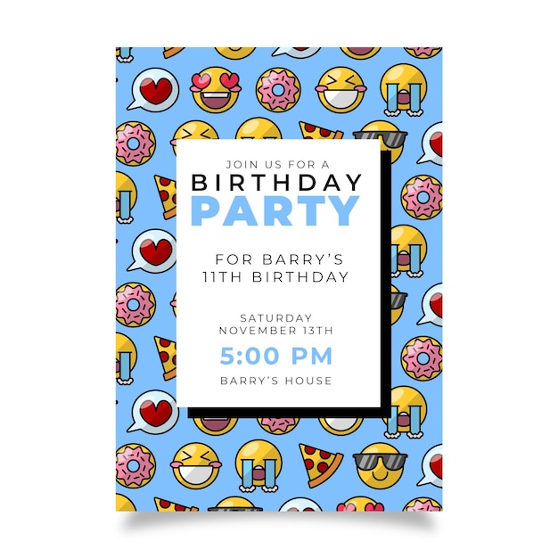 Gratis vector platte emoji verjaardag uitnodiging sjabloon