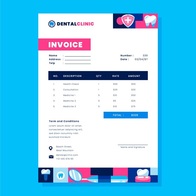 Platte factuursjabloon voor tandheelkundige klinieken