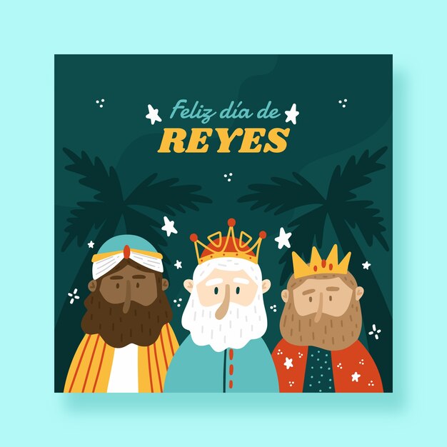 Gratis vector platte feliz dia de reyes wenskaartsjabloon