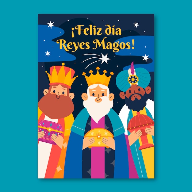 Platte feliz dia de reyes wenskaartsjabloon