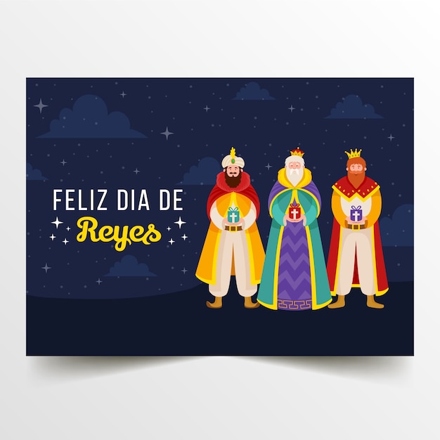 Gratis vector platte feliz navidad reyes magos wenskaartsjabloon