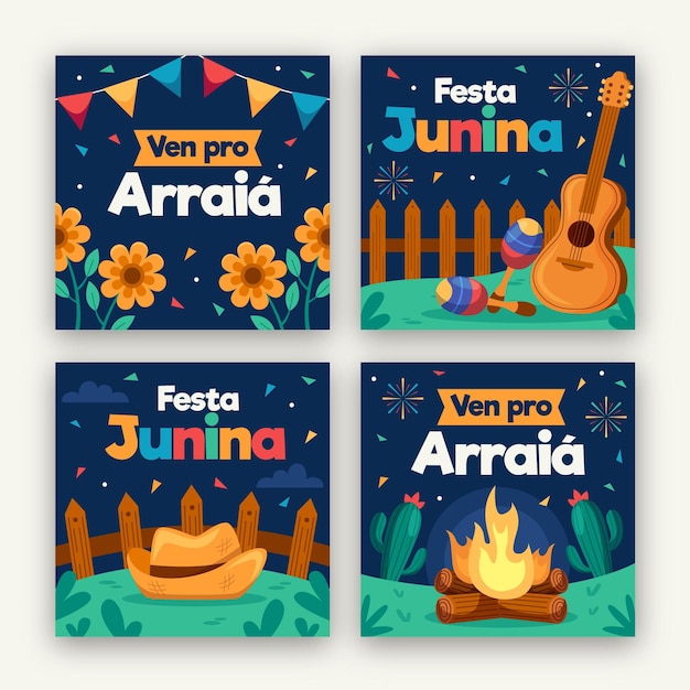 Gratis vector platte festa junina-kaartencollectie