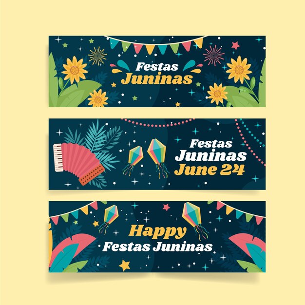 Gratis vector platte festas juninas horizontale banners collectie