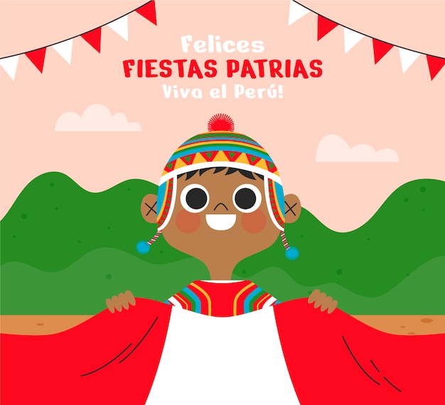 Gratis vector platte fiestas patrias achtergrond met jongen met peruaanse vlag