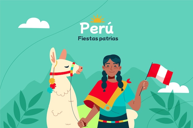 Gratis vector platte fiestas patrias achtergrond met persoon en lama