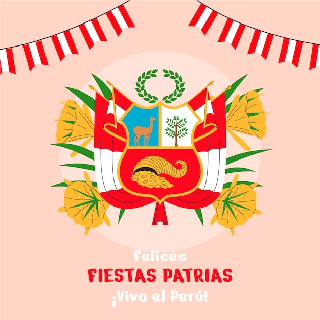 Platte fiestas patrias achtergrond met Peruviaans wapenschild