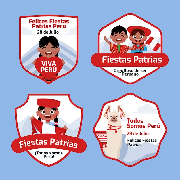 Gratis vector platte fiestas patrias peru labels collectie