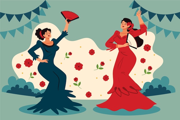Gratis vector platte flamenco vrouwen dansen illustratie