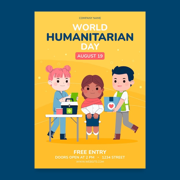 Platte flyer-sjabloon voor de viering van de wereld humanitaire dag