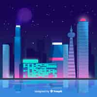 Gratis vector platte futuristische nacht stad achtergrond