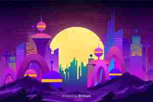 Gratis vector platte futuristische nacht stad achtergrond