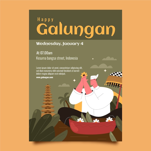 Gratis vector platte galungan viering verticale flyer-sjabloon