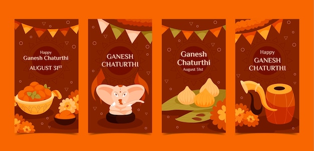 Gratis vector platte ganesh chaturthi instagram verhalencollectie