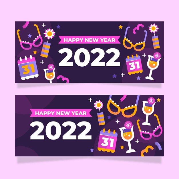 Platte gelukkig nieuwjaar 2022 horizontale banners set