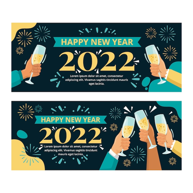 Gratis vector platte gelukkig nieuwjaar 2022 horizontale banners set