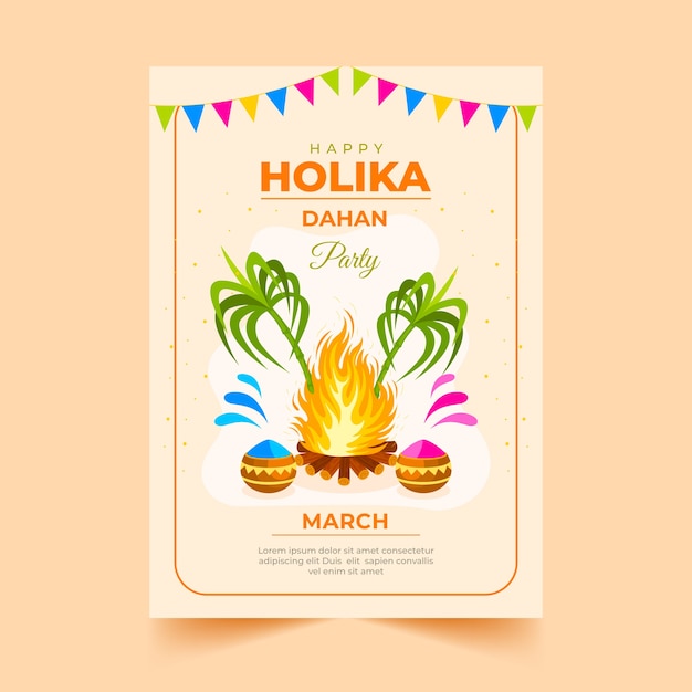 Gratis vector platte gelukkige holika dahan verticale postersjabloon