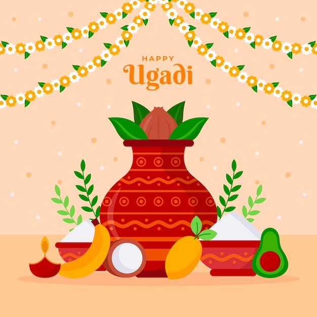 Gratis vector platte gelukkige ugadi illustratie