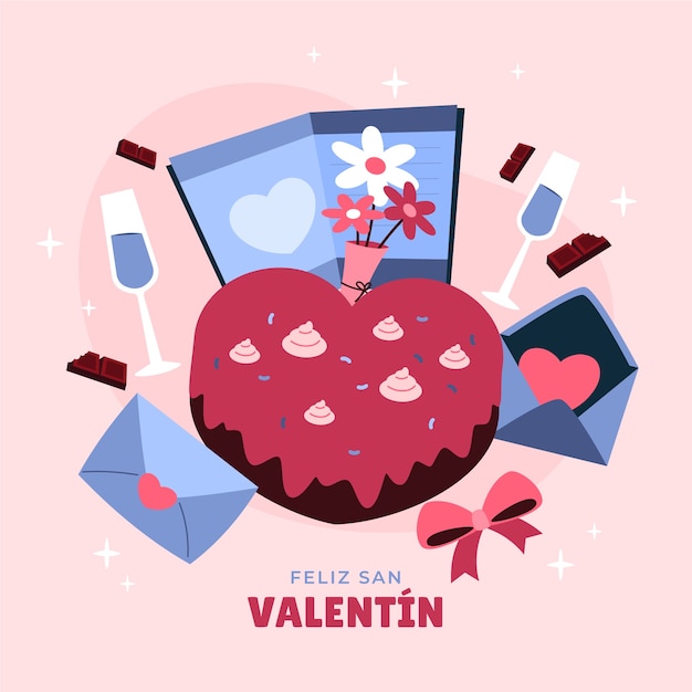 Gratis vector platte gelukkige valentijnsdag in spaanse illustratie en wenskaart