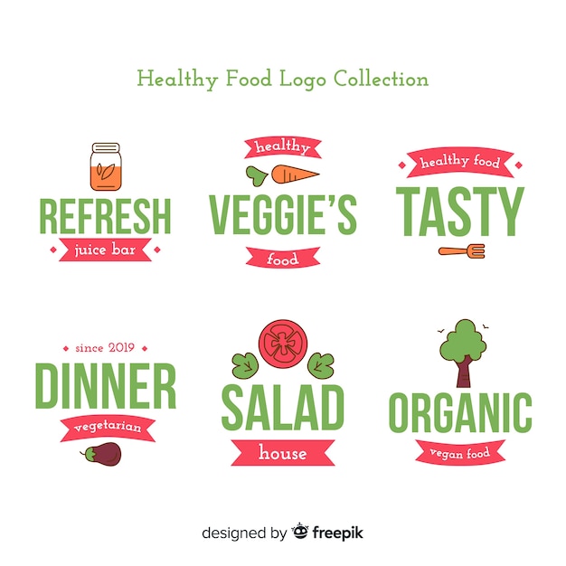 Gratis vector platte gezonde voeding logo set