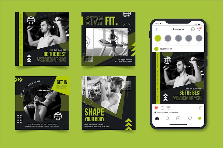 Gratis Vector platte gezondheids- en fitness-instagram-berichtenverzameling met foto