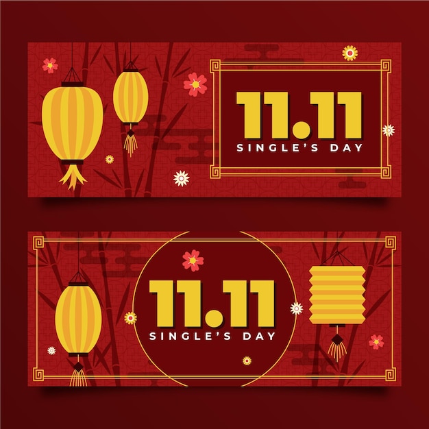 Platte gouden en rode single's day horizontale banners set