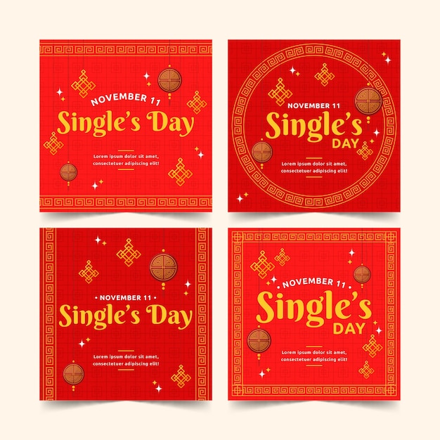 Platte gouden en rode single's day instagram posts collectie