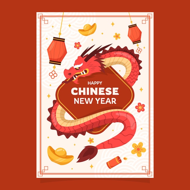 Gratis vector platte groetkaart sjabloon voor het chinese nieuwjaarsfeest