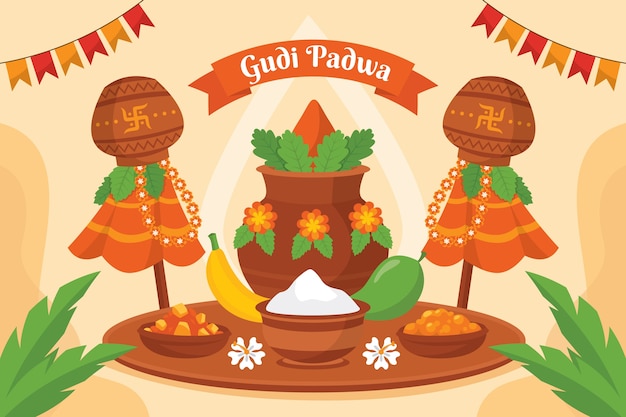 Gratis vector platte gudi padwa-achtergrond