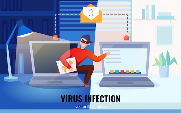 Platte hacker computersamenstelling met virusinfectie kop en hacker stelen informatie illustratie
