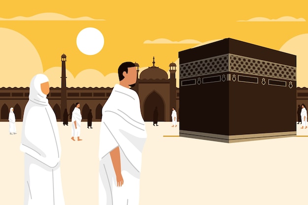 Gratis vector platte hadj achtergrond met mensen in mekka