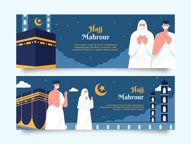 Gratis vector platte hadj horizontale spandoeken met mekka en biddende mensen