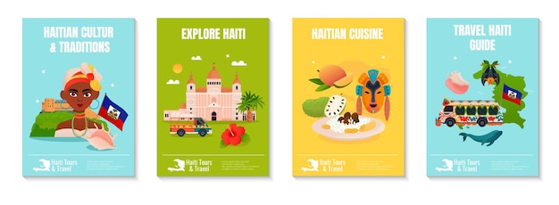 Platte haïti reisgids ontwerpconcept met haïtiaanse mensen bezienswaardigheden keuken natuur geïsoleerde vectorillustratie