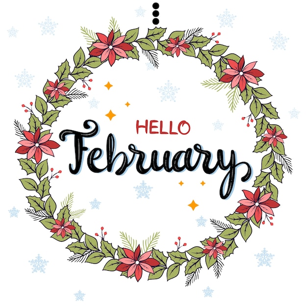 Gratis vector platte hallo februari belettering