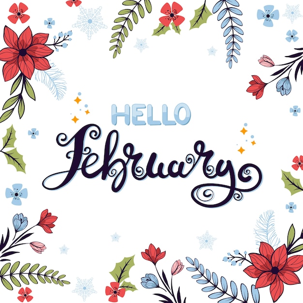 Gratis vector platte hallo februari belettering