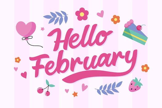 Gratis vector platte hallo februari belettering