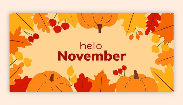 Gratis vector platte hallo november horizontale bannersjabloon