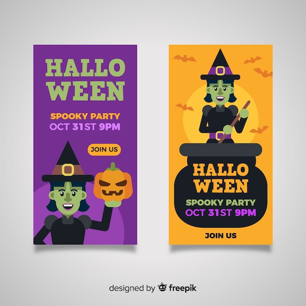 Platte halloween banners met heksen