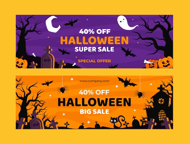 Gratis vector platte halloween horizontale verkoop banners set