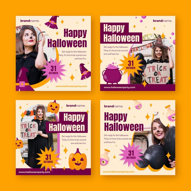 Gratis vector platte halloween instagram-berichtenverzameling met foto