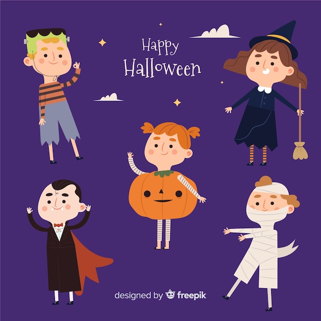 Gratis vector platte halloween jong volwassen personage collectie