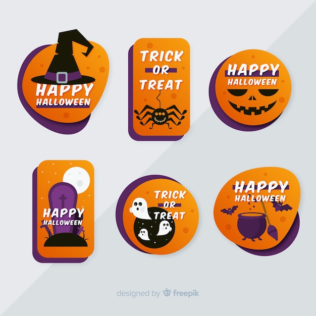 Platte halloween label en badge collectie op grijze achtergrond