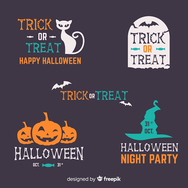 Gratis vector platte halloween label en badge collectie op zwarte achtergrond