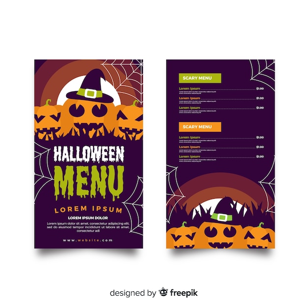 Gratis vector platte halloween menusjabloon met pompoenen